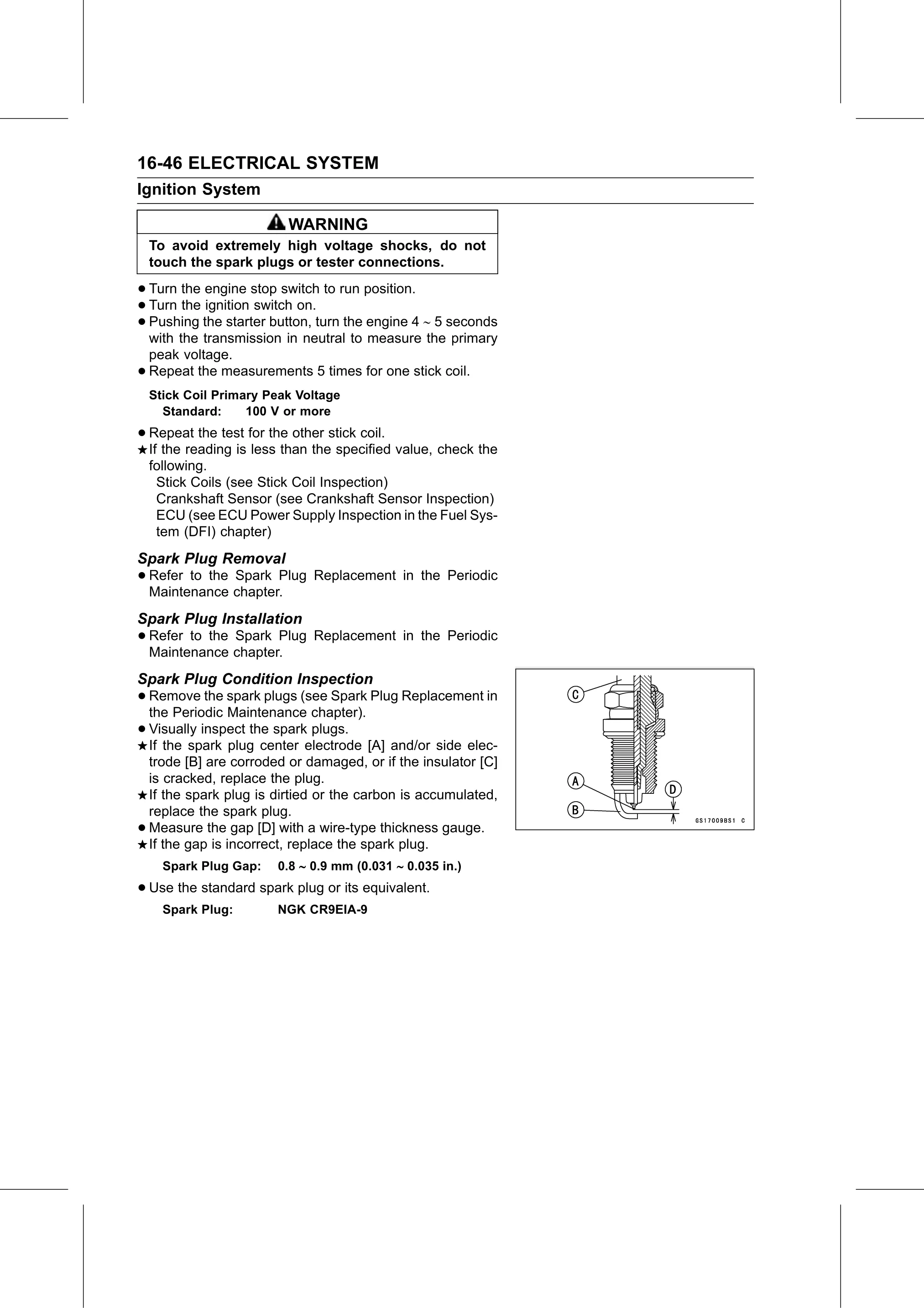 Service Manual page 606 — Electrical System › Spark Plug Condition Inspection